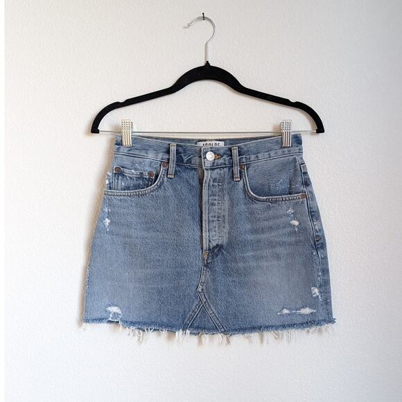 AGOLDE Blue Jean Denim Quinn High-Rise Distressed Raw Hem Mini Skirt, sz 25/0 - Picture 1 of 8